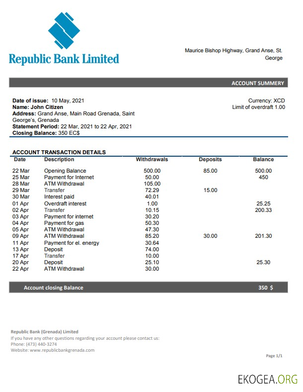 Modèle de relevé bancaire de la République de Grenade, format Word et PDF